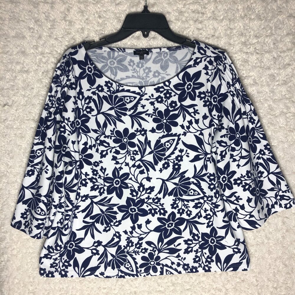 Talbots Blue and‎ White Floral Blouse with Pin-Tucks on the Sleeves Women's XLp